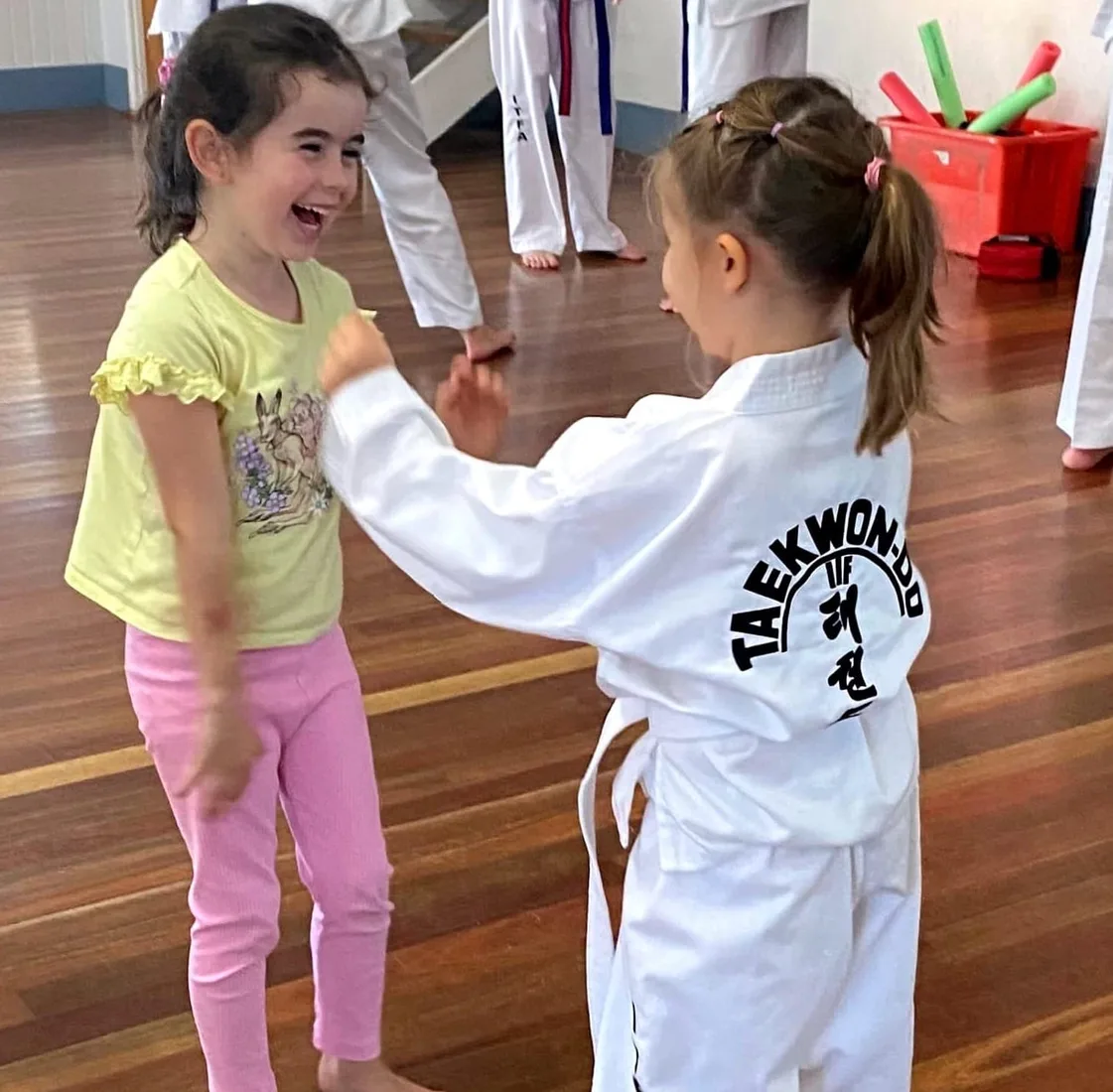 Students practising Taekwon-Do techniques in a training hall